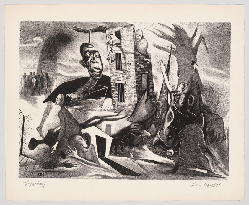 Distorted figures surround a brick tower as masked attackers pull victims toward a noose.