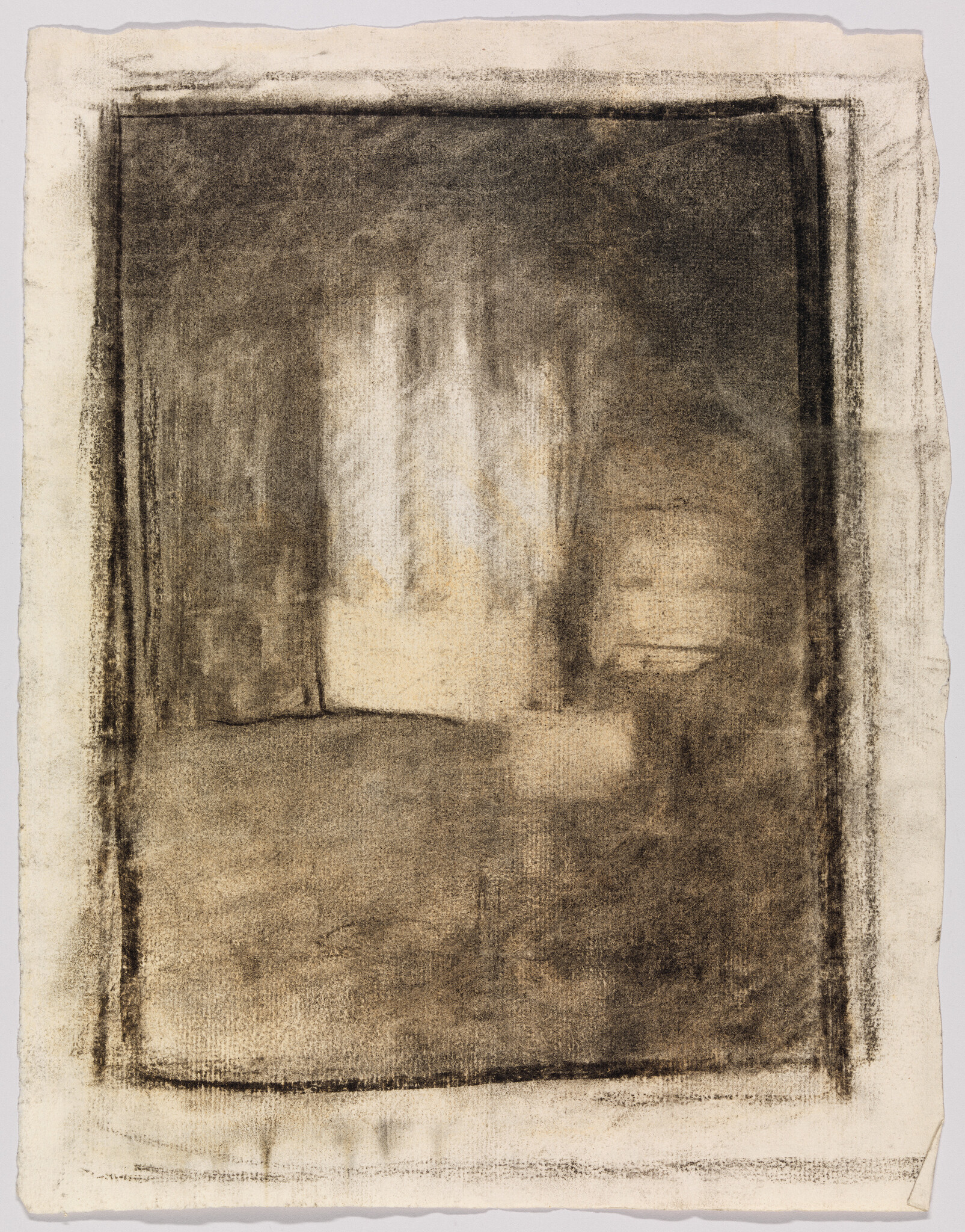 Soft charcoal drawing showing a dark framed space with a bright, blurred light area in the center.