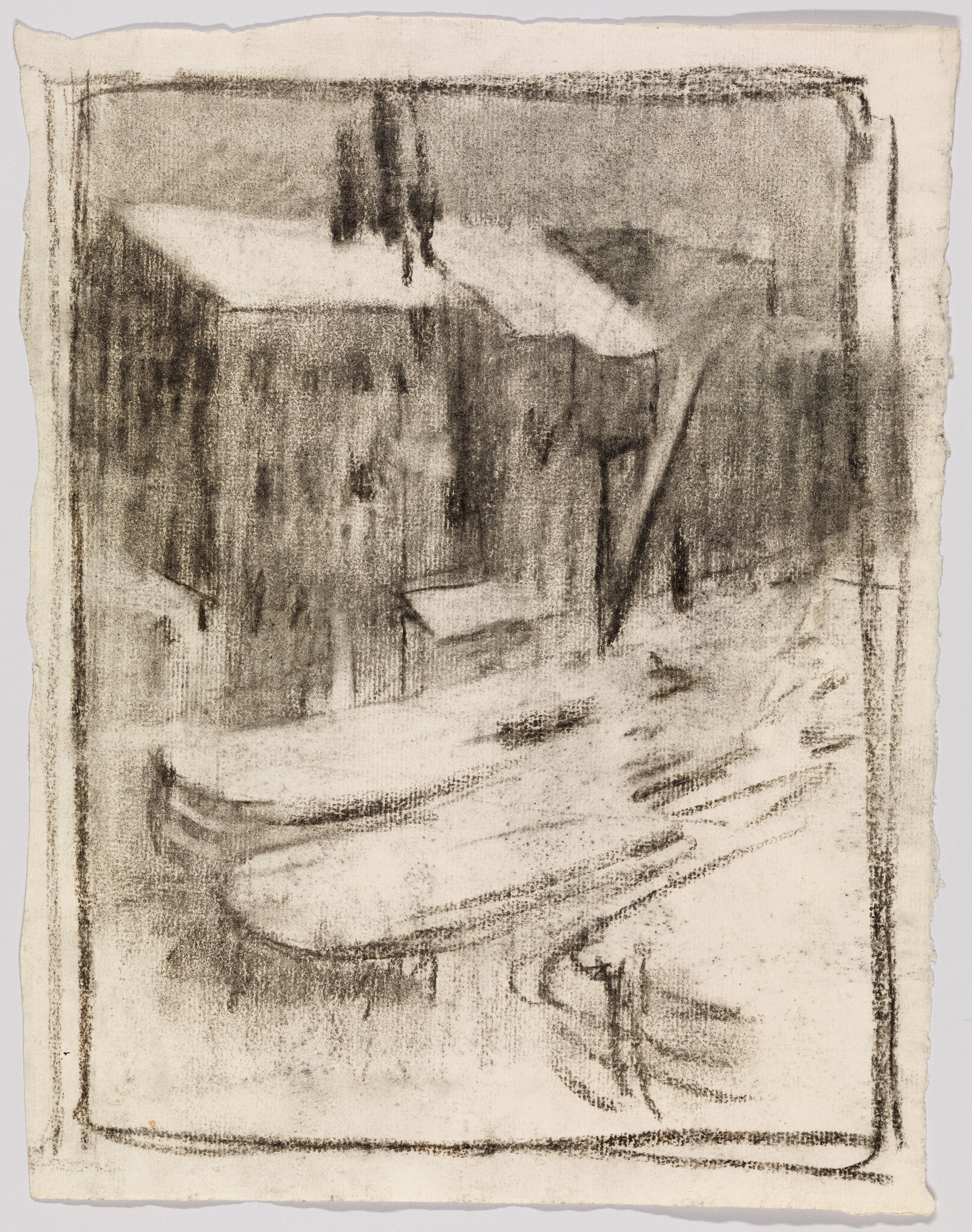 A charcoal sketch showing a small boat moored beside buildings along a misty waterfront.