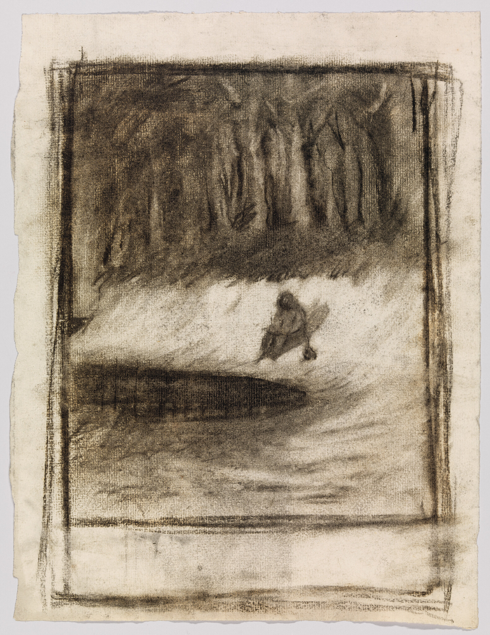 A lone figure sits beside a dark pond in a snowy clearing near a line of trees.