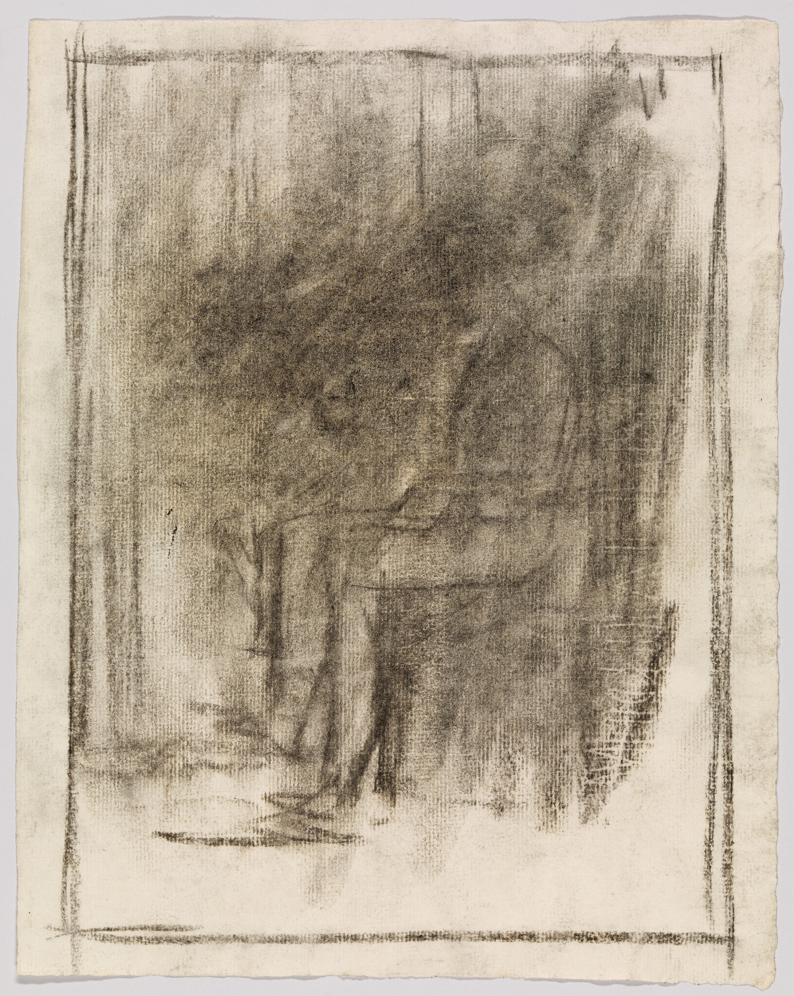 A charcoal sketch of a seated person leaning forward on a chair in a dim interior.