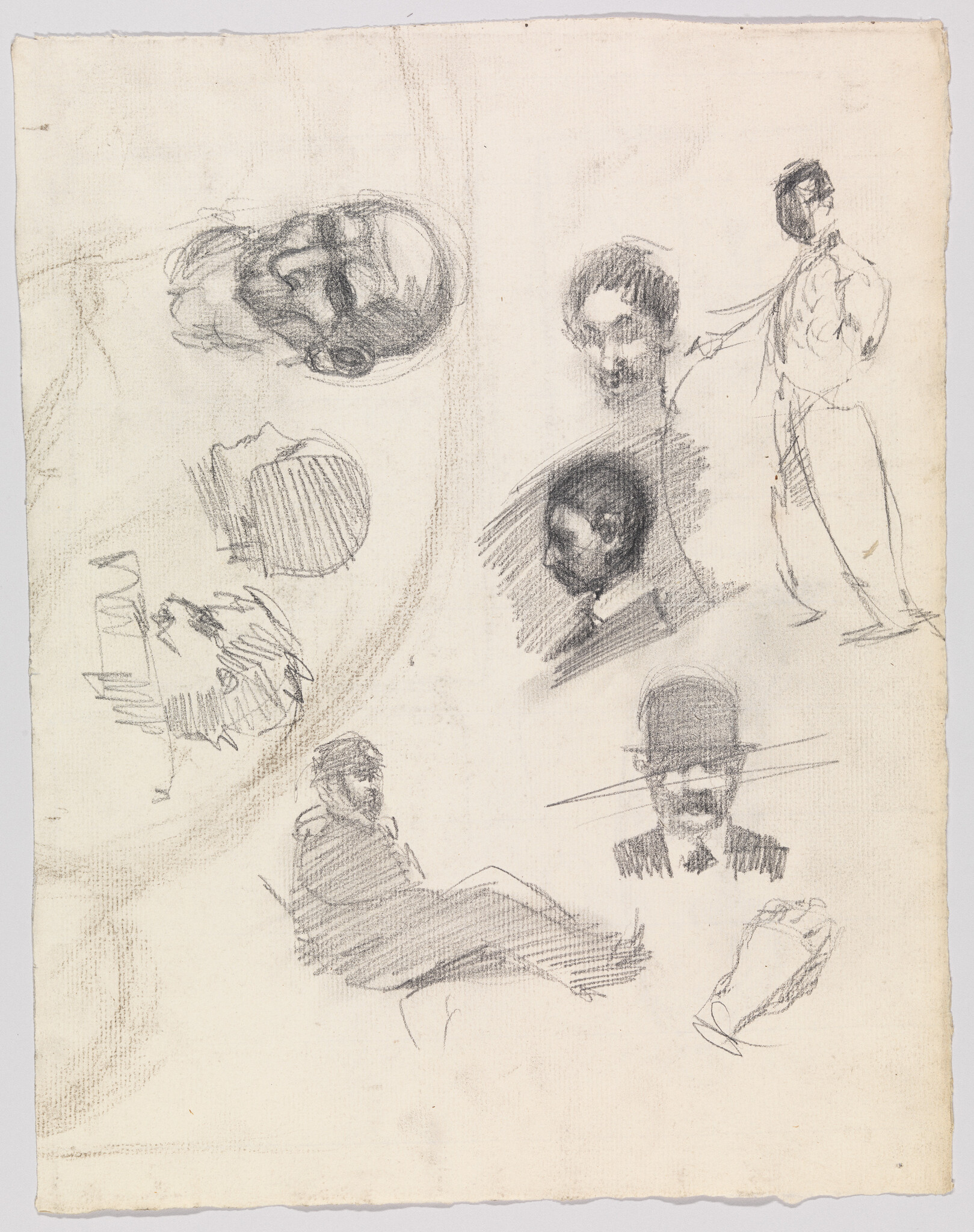 Several quick pencil sketches show different male heads, a seated figure, and a standing man.