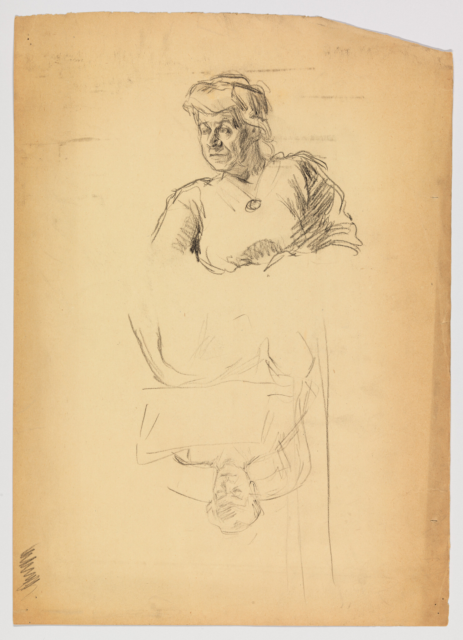Pencil sketch showing two loose portrait studies, a seated woman at top and an upside-down man below.