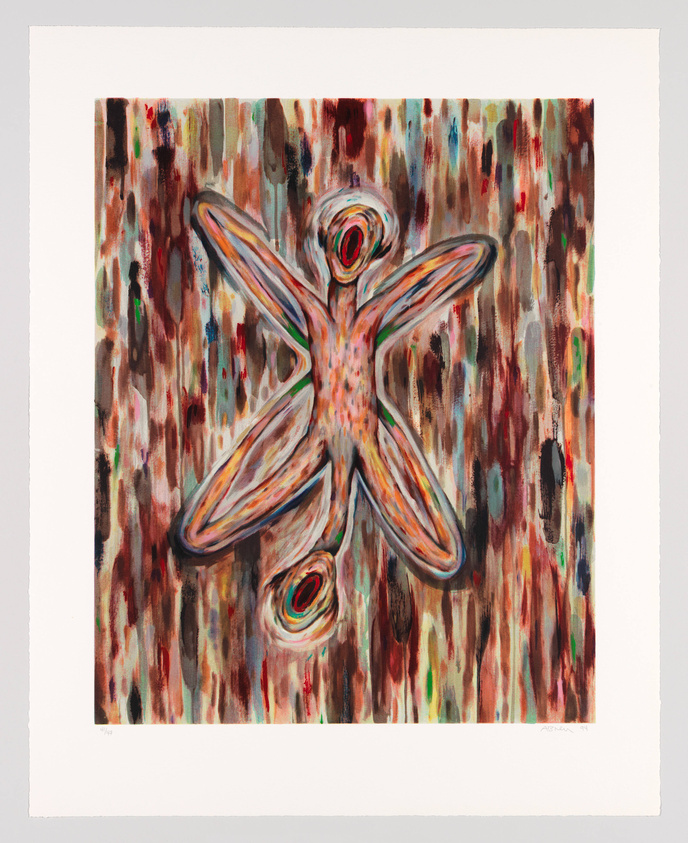 A colorful abstract painting featuring a central figure that resembles a starfish with a human-like form, set against a backdrop of vertical brushstrokes in a variety of colors. The painting is bordered by a white margin with the artist's signature at the bottom right corner.