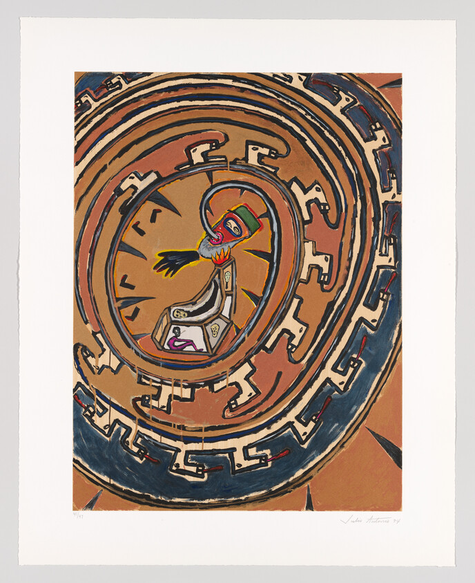 Colorful spiral composition with a stylized figure curled inside concentric gears.