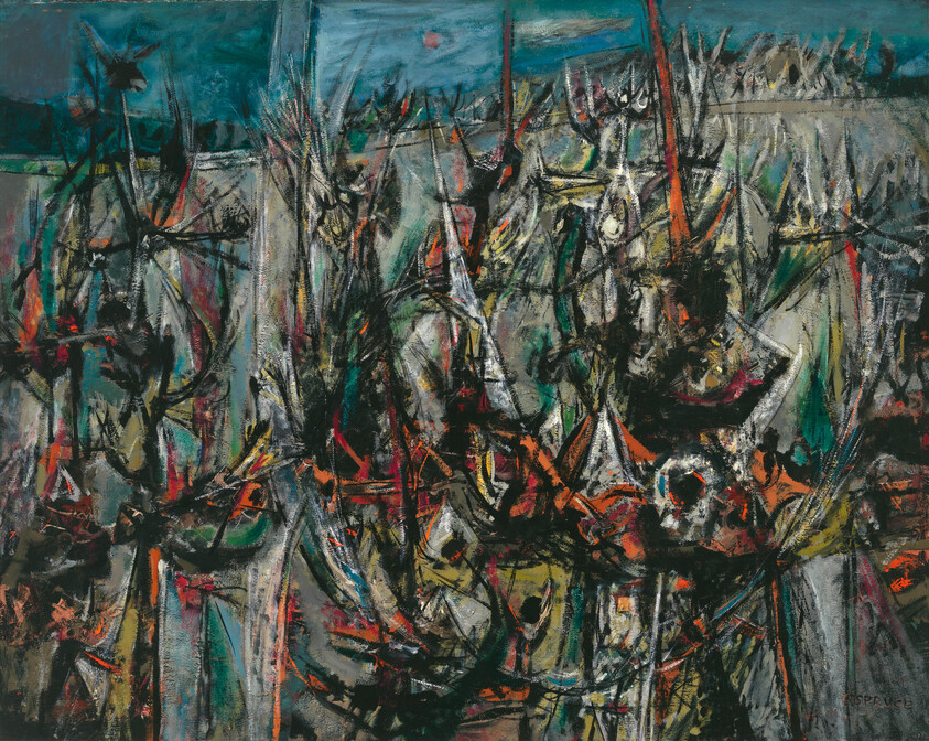 Chaotic abstract scene of tangled boats and masts with dark, energetic brushstrokes.