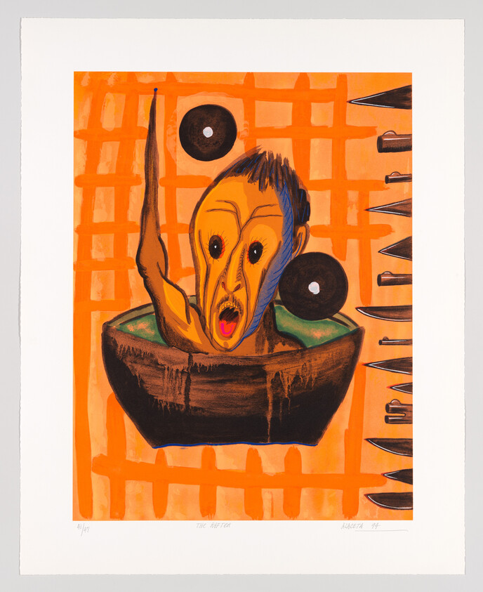 A distorted screaming head rises from a bowl with one arm raised against an orange grid.