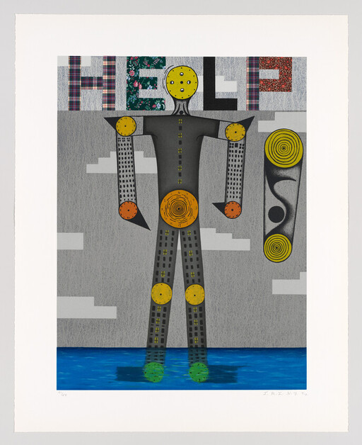 Tall stylized robot with circular joints standing in water beneath the word HELP.