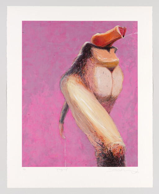 A surreal painting of a distorted human figure with an exaggerated mouth and limbs against a pink background.