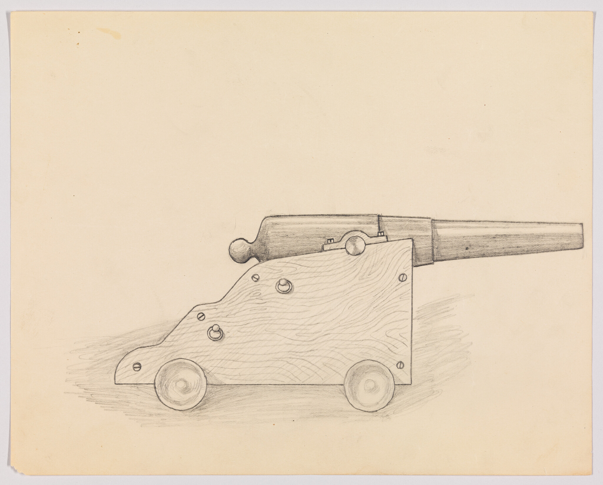Pencil drawing of a small wooden cannon mounted on a wheeled carriage.