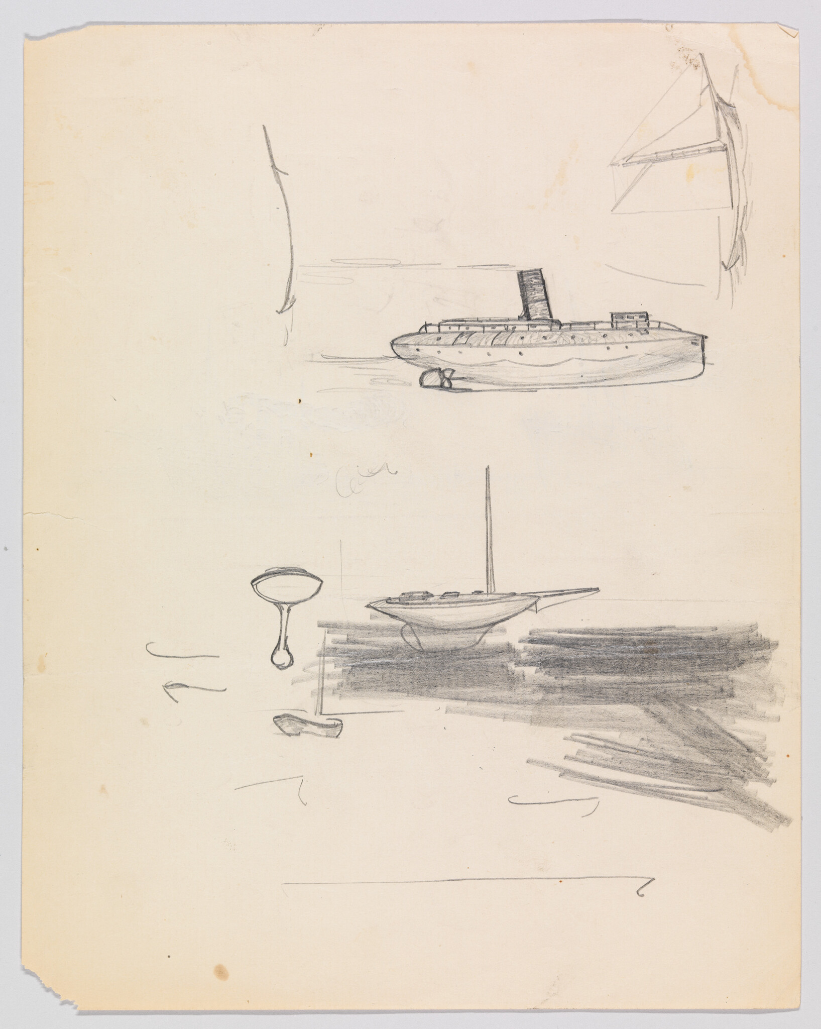 Two pencil sketches of boats, one steamboat and one small sailboat, drawn on blank paper.