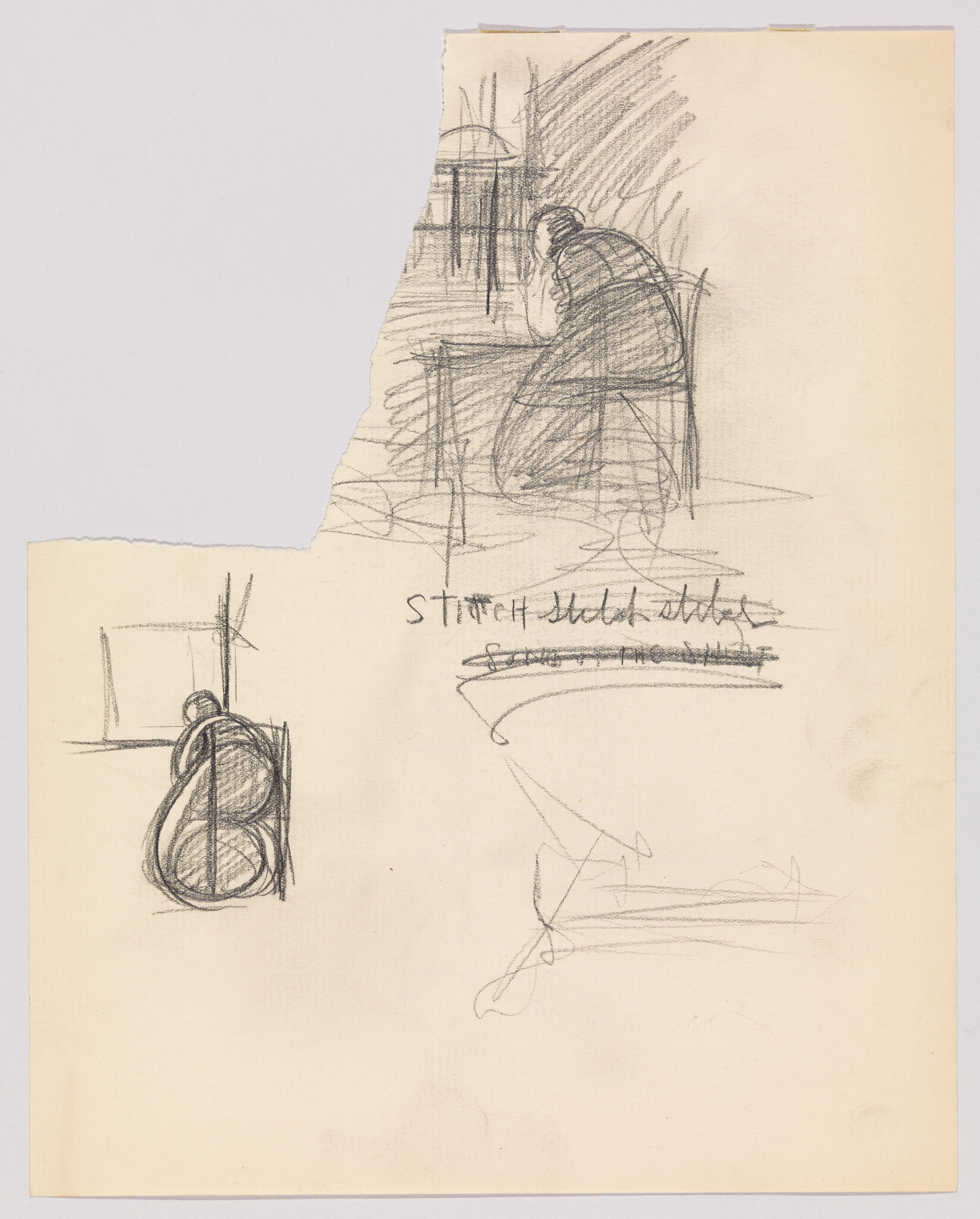 A rough pencil sketch of a person hunched over a table, resting their head on their hand.