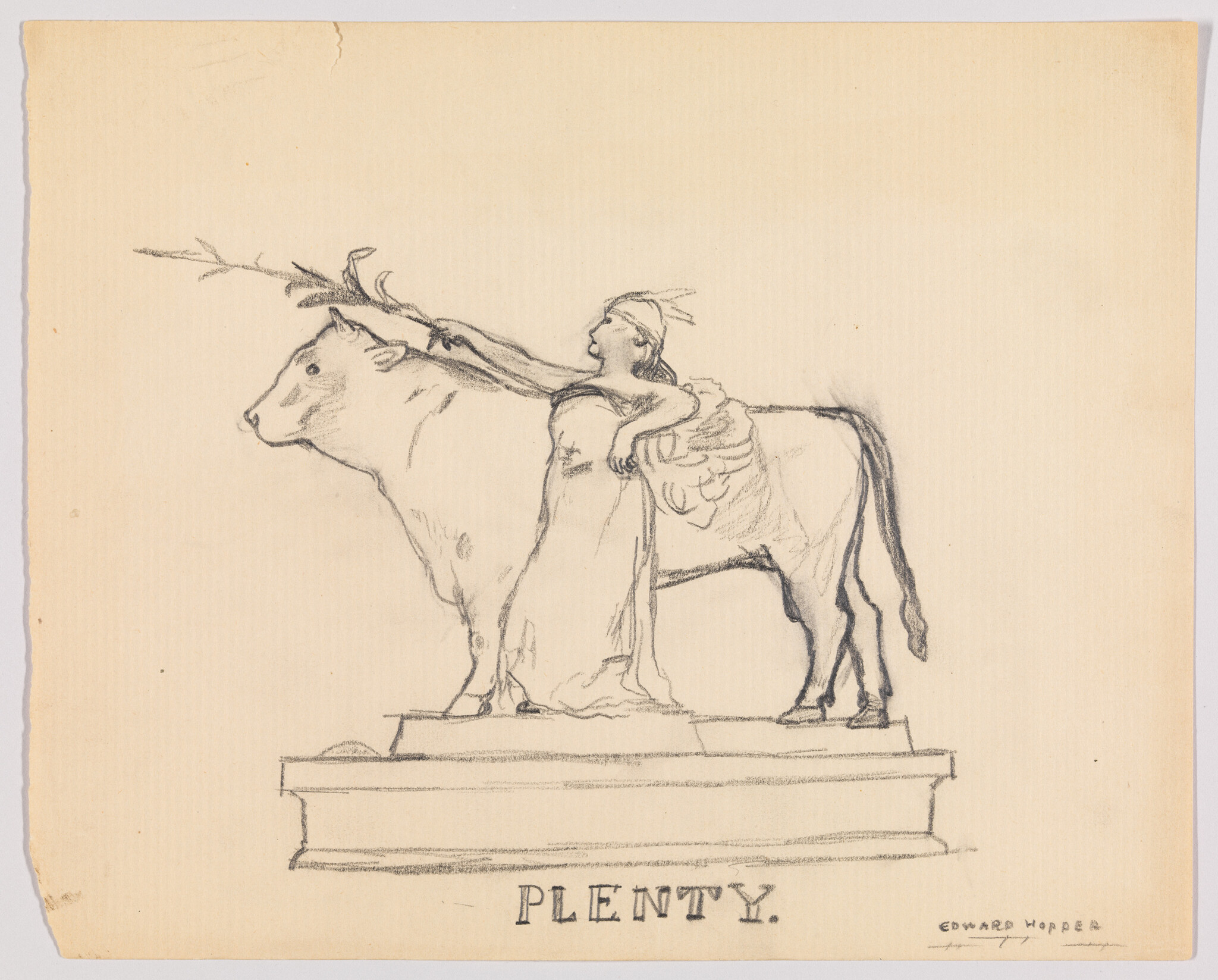 A woman leans on a large cow holding a branch while standing on a pedestal labeled "Plenty."