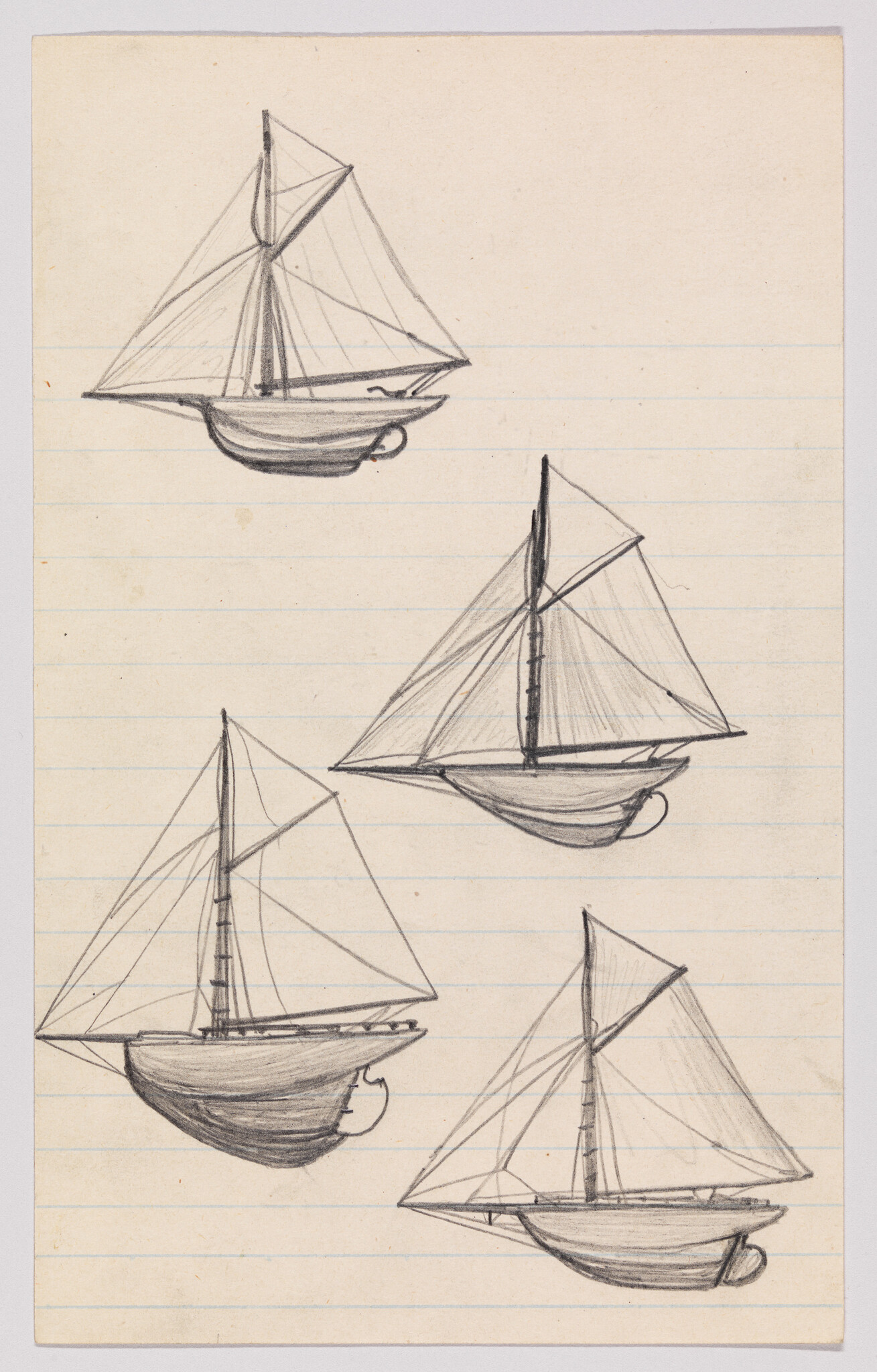 Four pencil sketches of sailboats with sails and masts drawn on lined notebook paper.