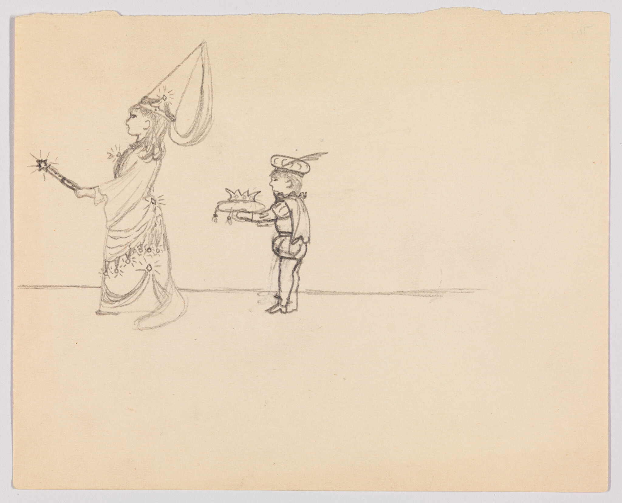 A woman in a tall conical hat holds a wand while a boy presents a crown.