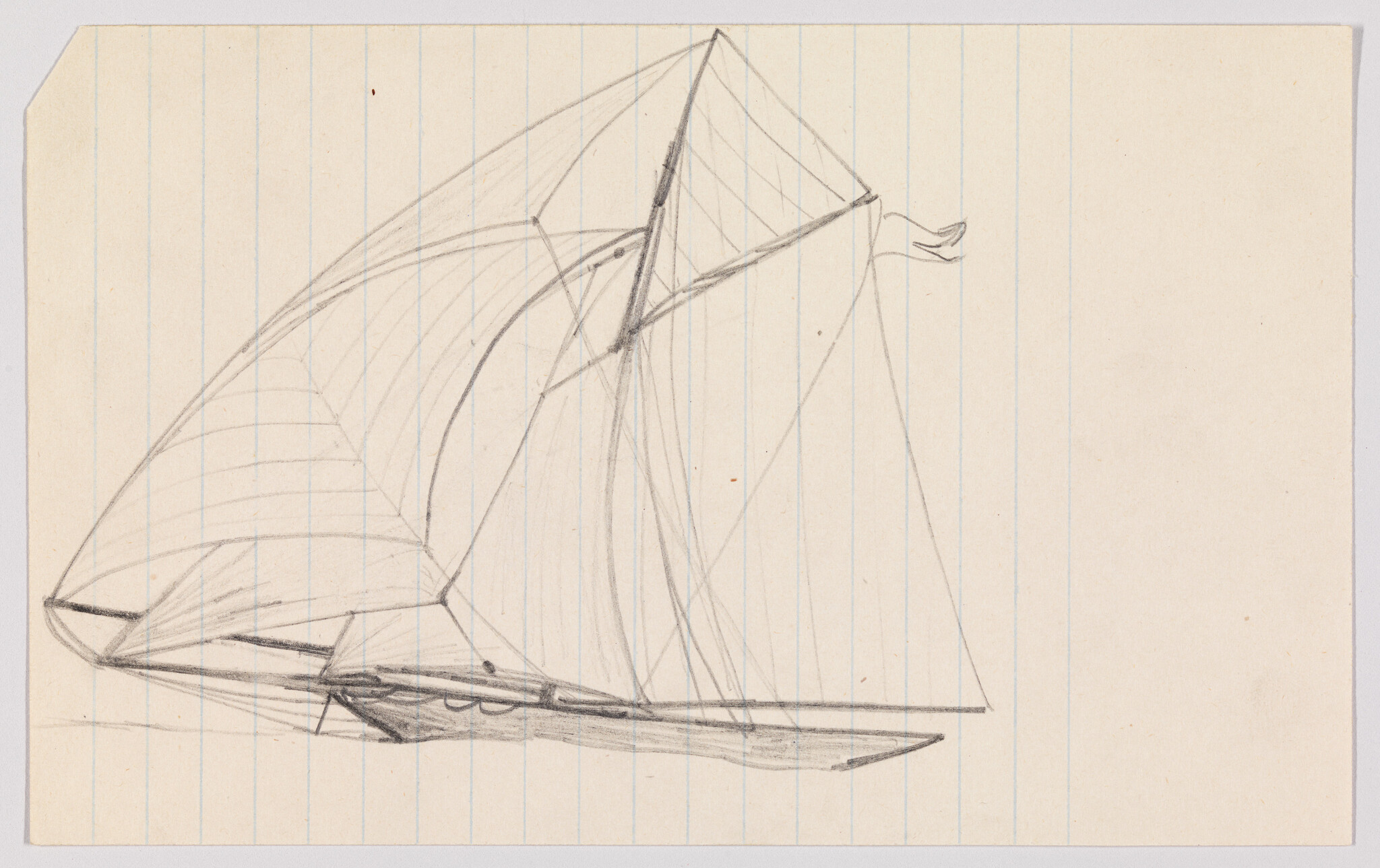 A pencil sketch shows a sailing boat with large billowing sails on lined paper.