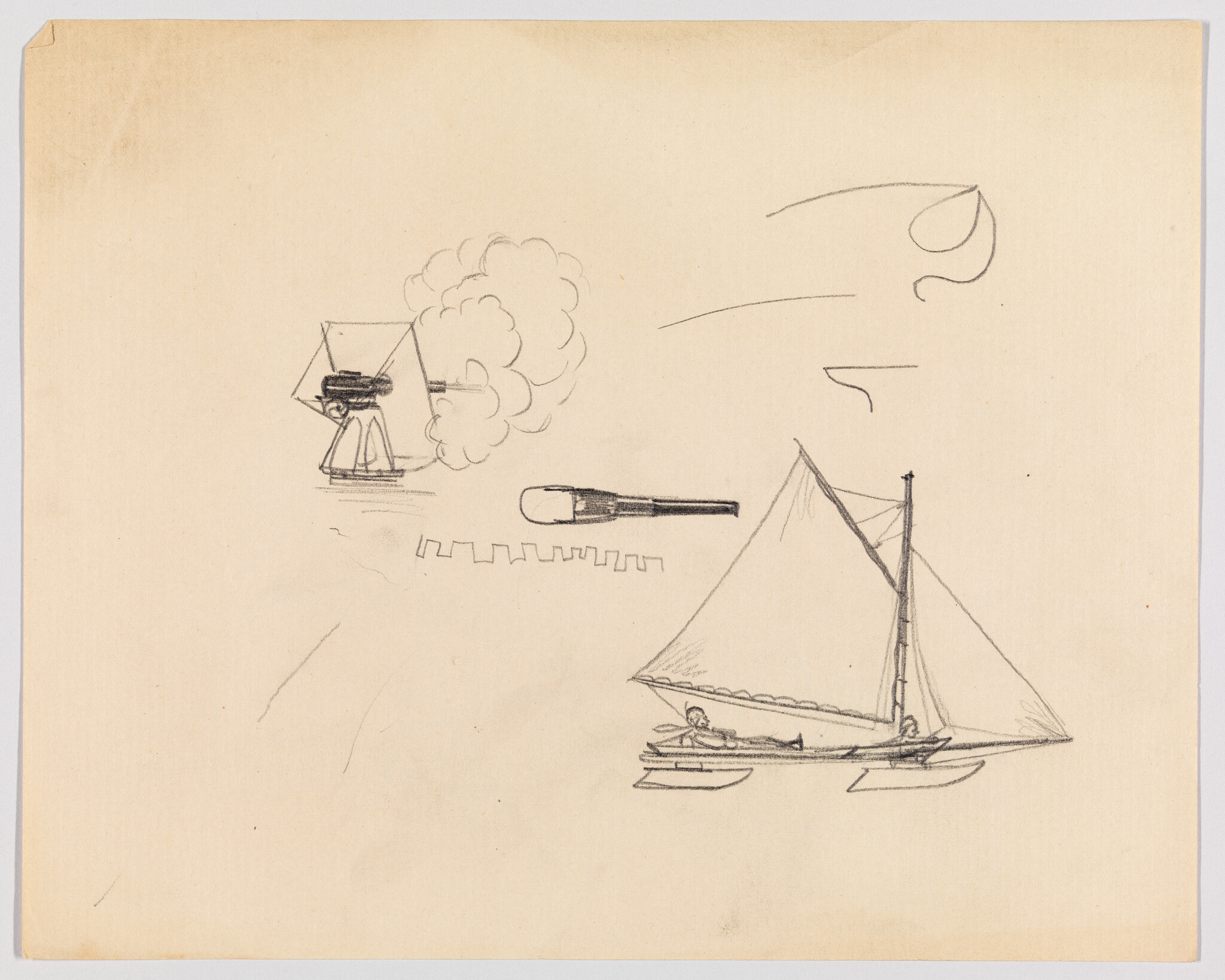 A pencil sketch of a small sailboat with crew and a distant cannon firing smoke.