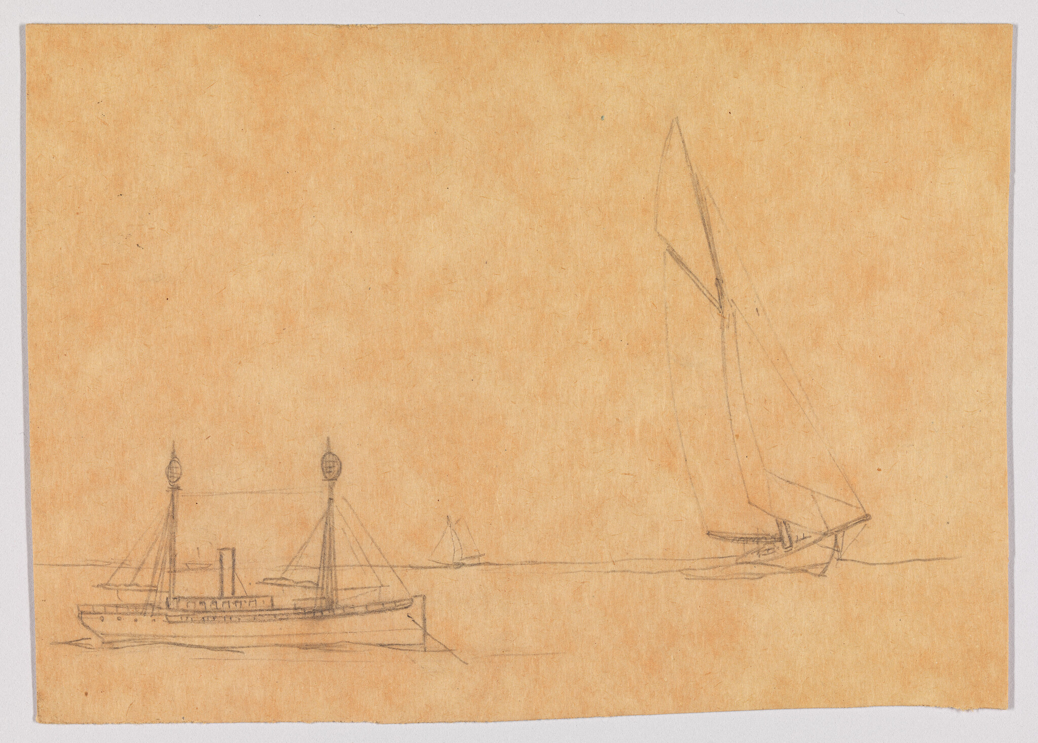 Two sailing vessels on calm water, a steamship to the left and a large sailboat to the right.