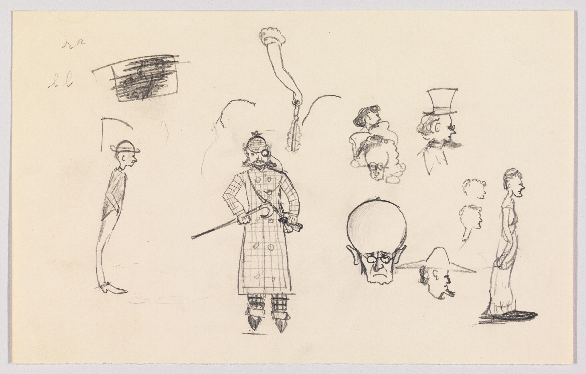 A man in a long plaid coat and hat stands holding a cane amid small profile sketches.
