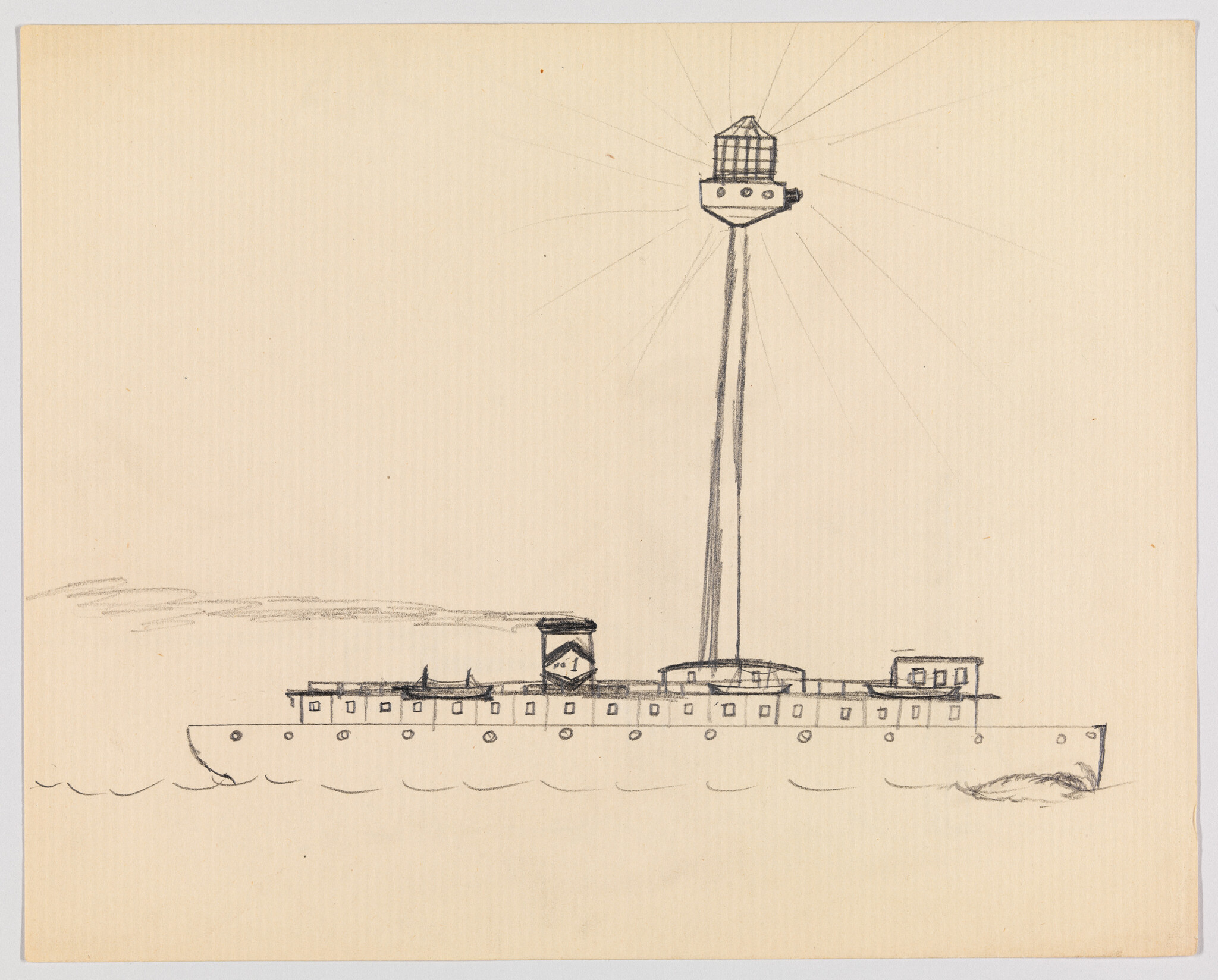 A lightship with a tall mast and lantern hovering above a long hull on calm water.