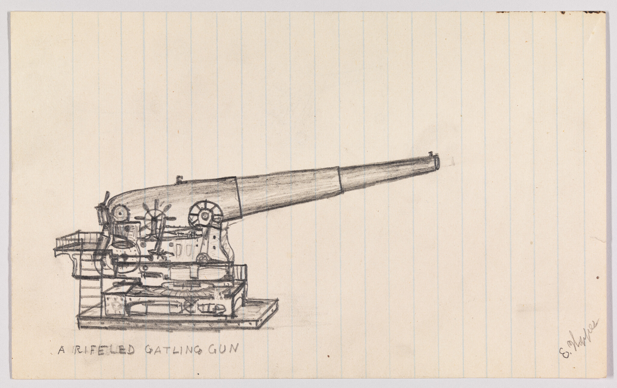 A mounted rifled Gatling gun sketch showing gears, carriage, and long rifled barrel.