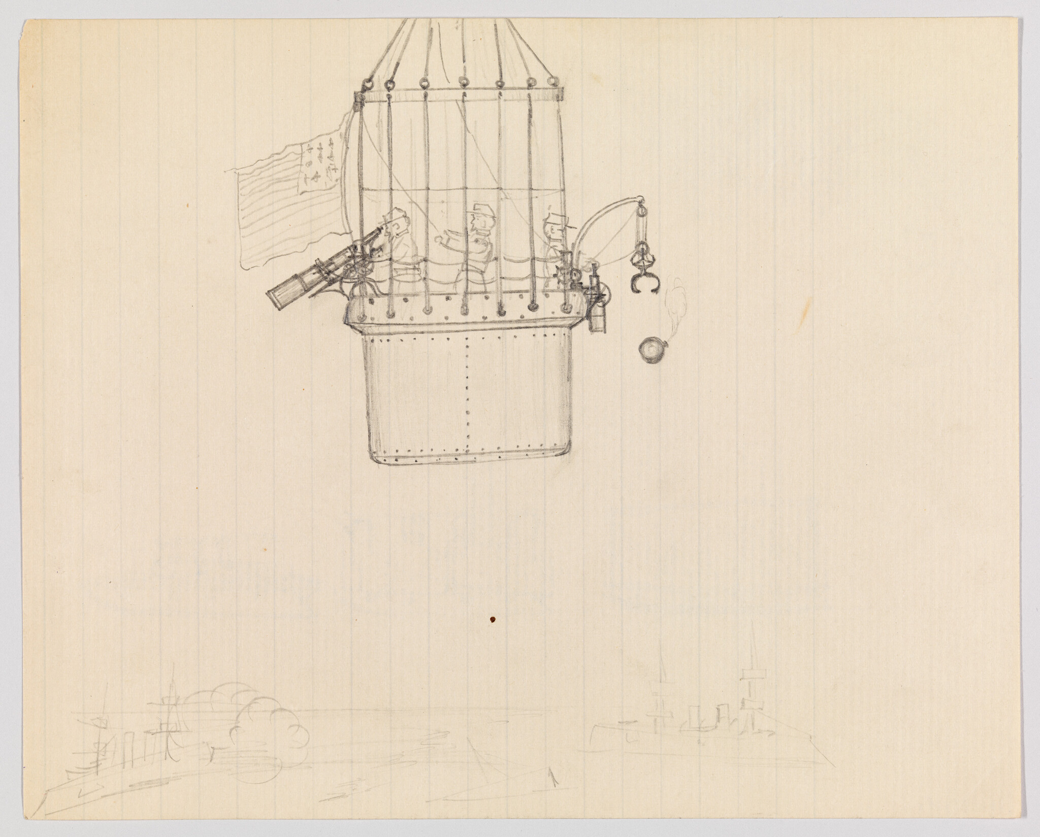 A pencil sketch of a suspended balloon basket with three soldiers operating a small cannon and flag.