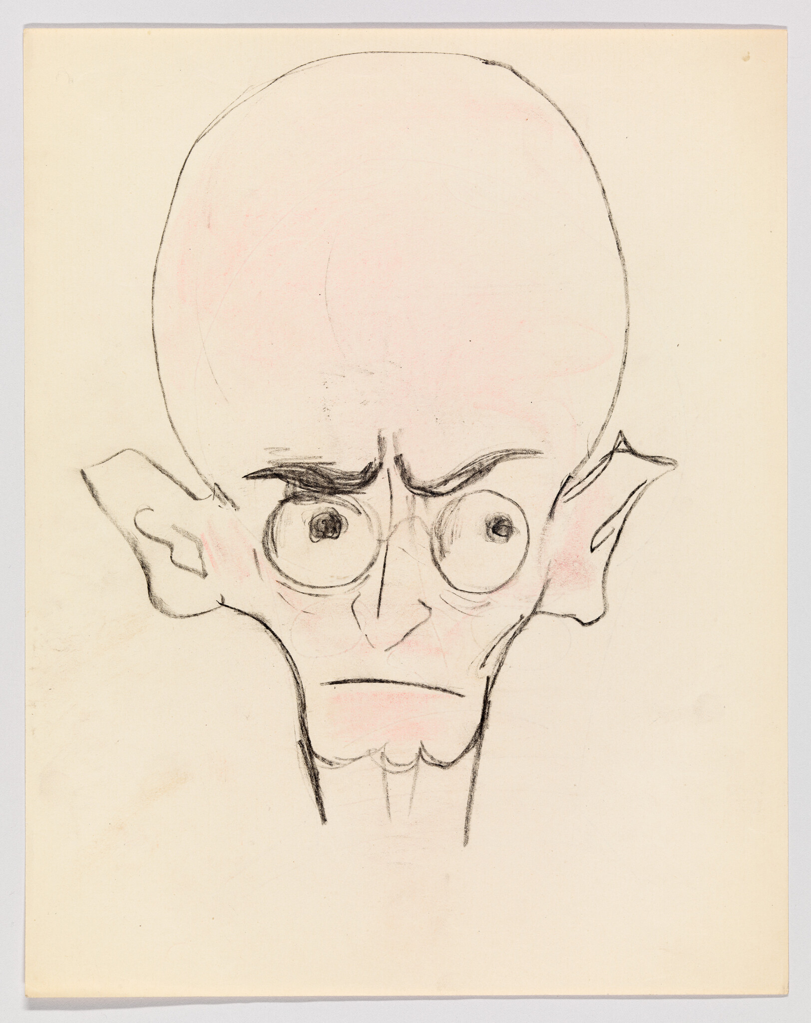 Caricature sketch of a bald man with large ears and round glasses frowning.