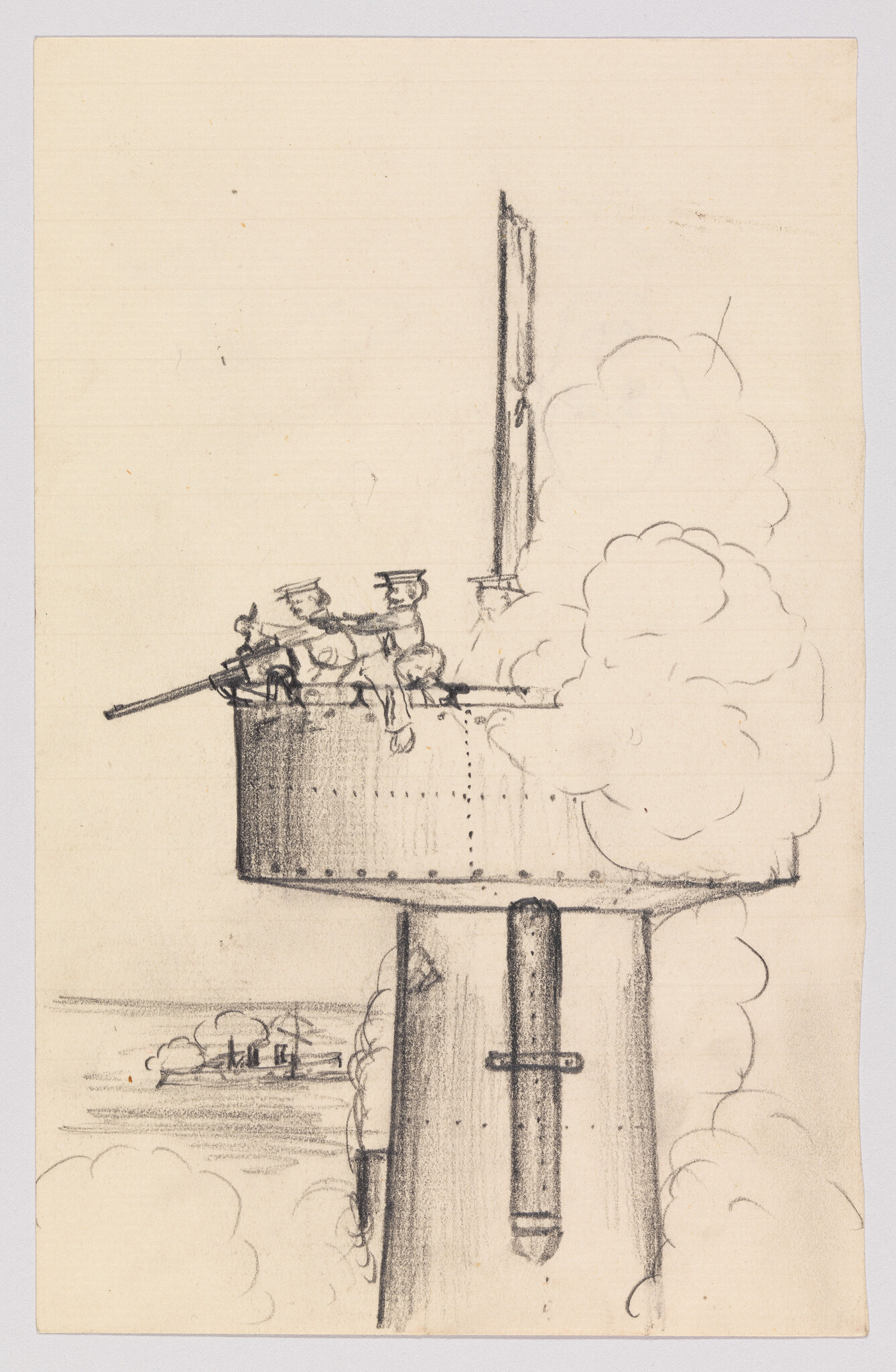 Three sailors fire a machine gun from a steel turret with smoke billowing around them.