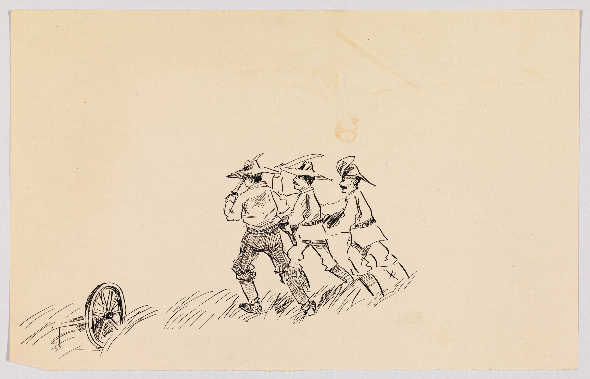 Three men in wide-brim hats walking together across grassy ground toward a broken wheel.