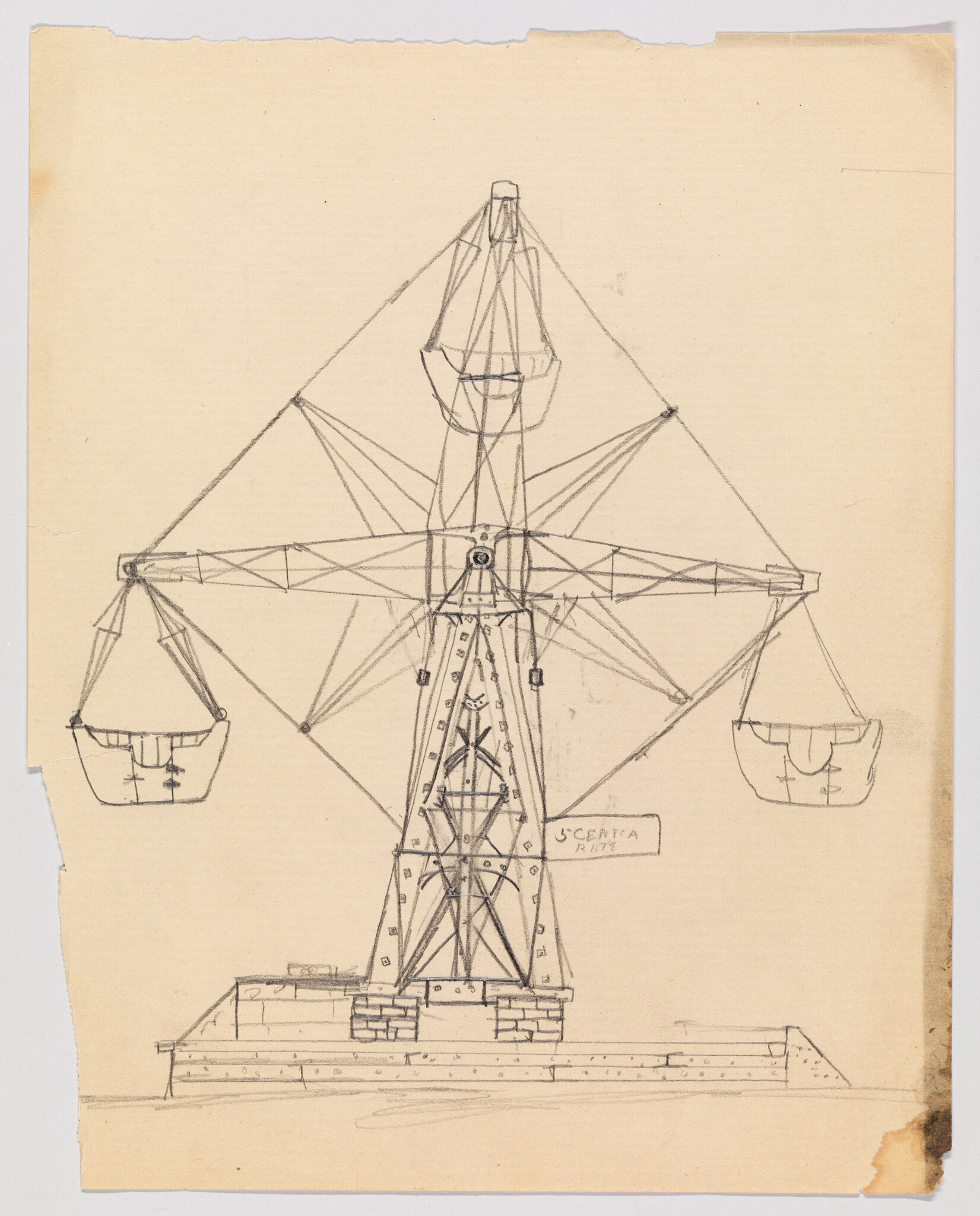 A pencil sketch of a tall tower crane with two hanging bucket carriages on either side.