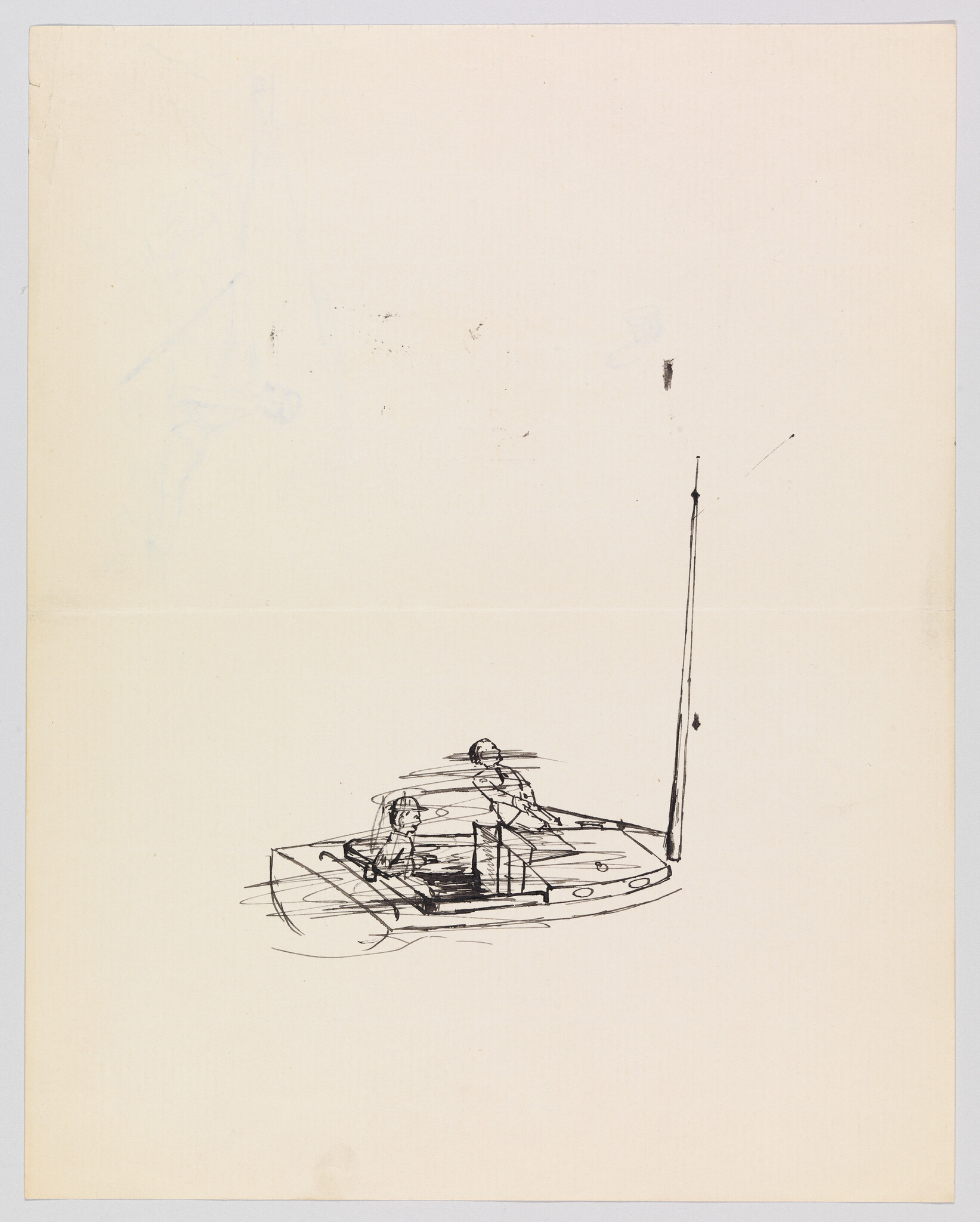 Two people sit in a small sailboat, one handling the tiller and a tall mast rising.