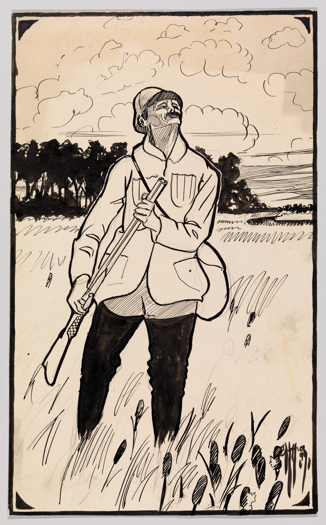A man stands in a field holding a rifle and looking up at the sky.