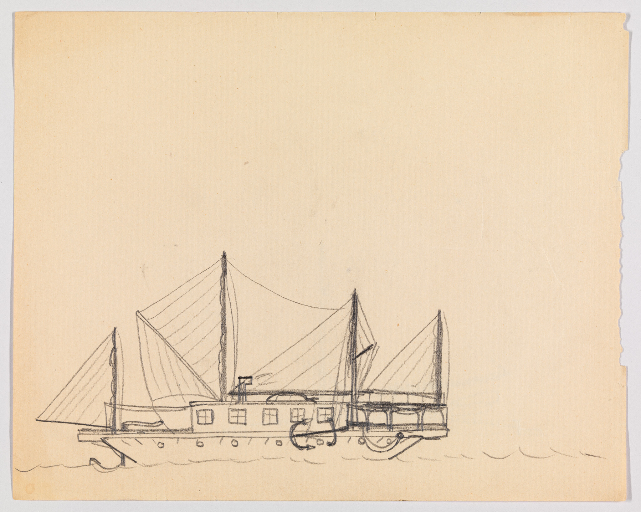 A simple pencil sketch of a multi-masted sailing ship floating on calm water.