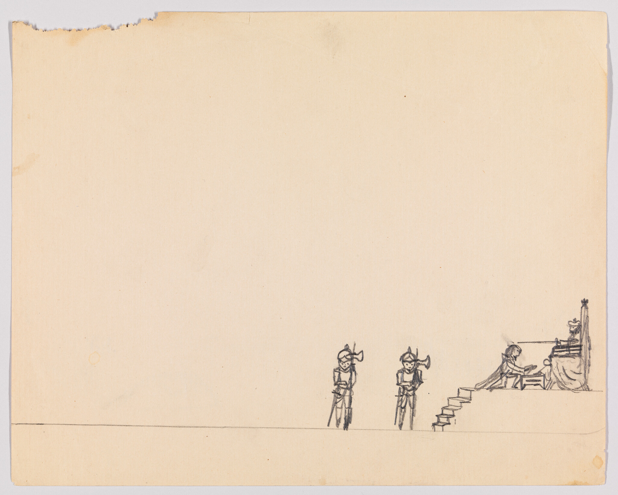 A kneeling figure presents something to a seated ruler while two guards stand nearby.