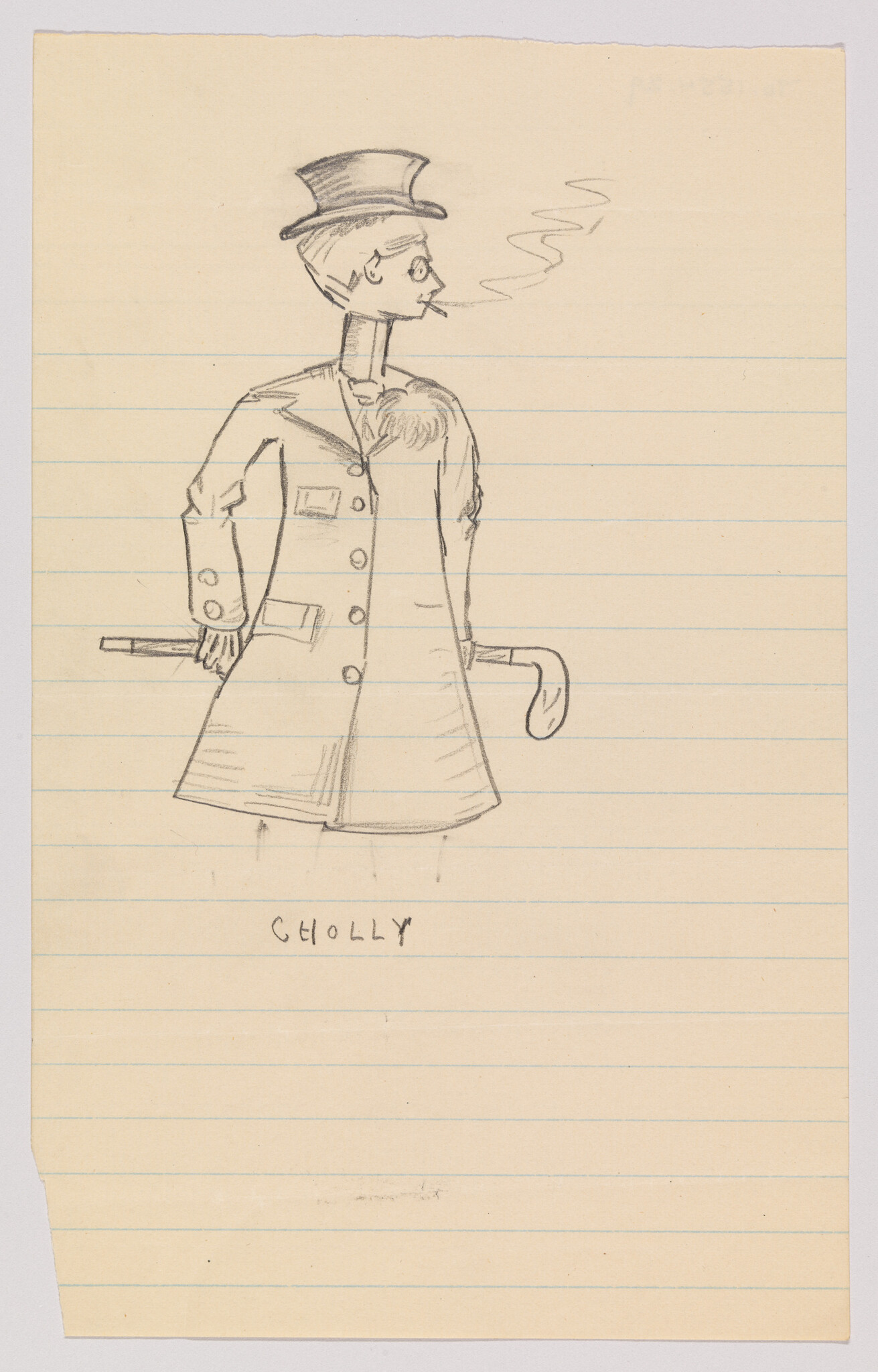 A man in a top hat smokes while holding a cane behind his back.