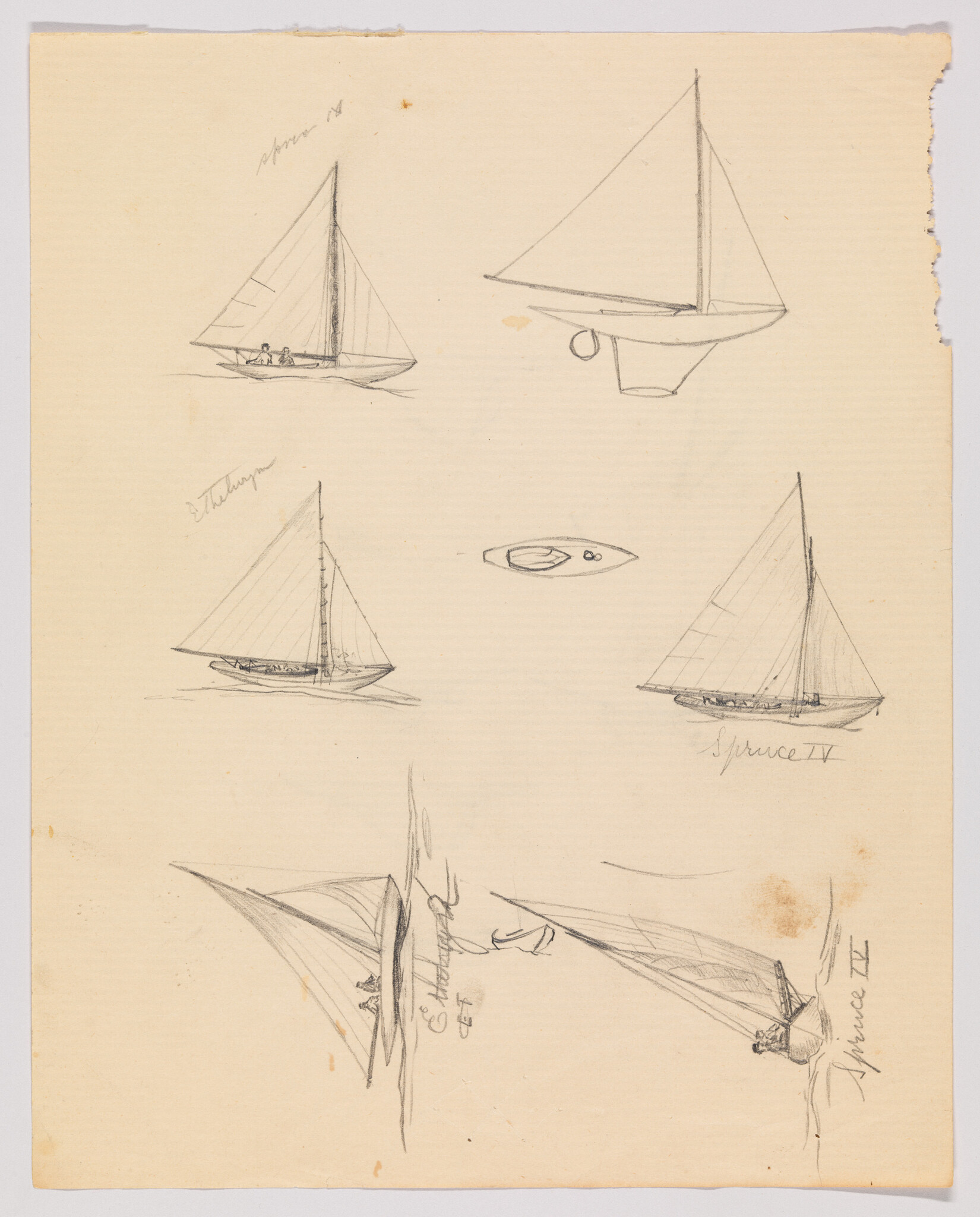 Several small pencil sketches of sailing boats with masts and crew on a sheet of paper.