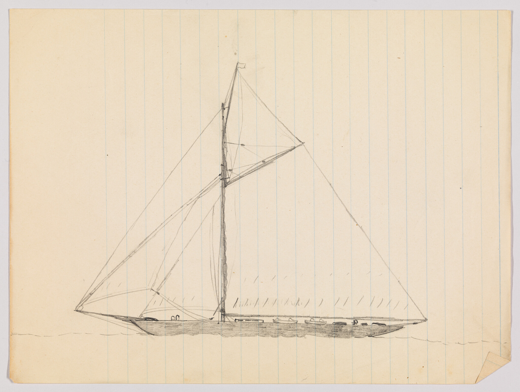 A pencil sketch of a single-masted sailboat with large triangular sails on lined paper.