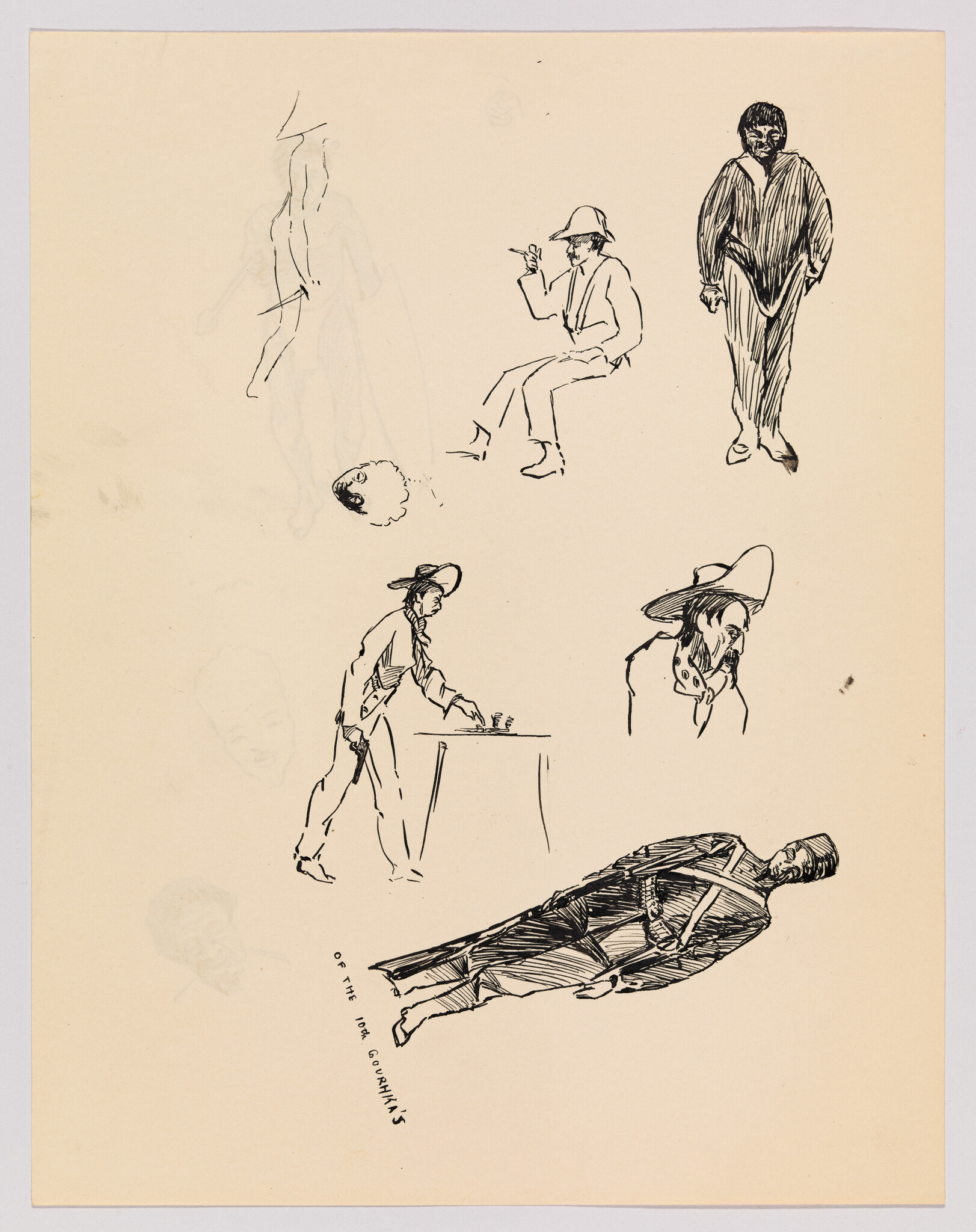 Pen sketches showing several men in different poses, including a bound man lying on his back.