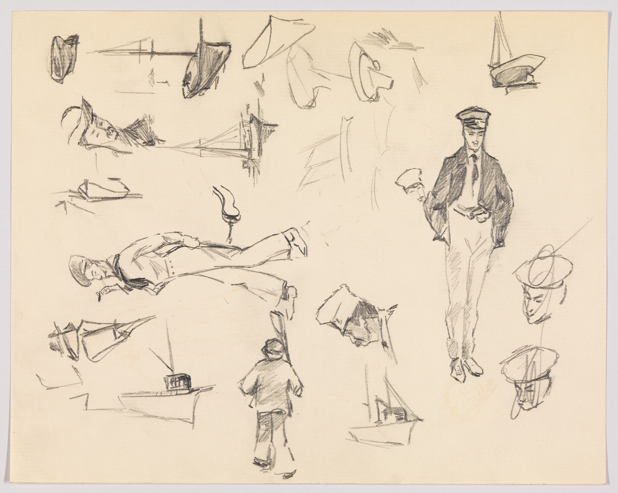 Various quick pencil sketches of sailors, captain figures, and small boats on blank paper.