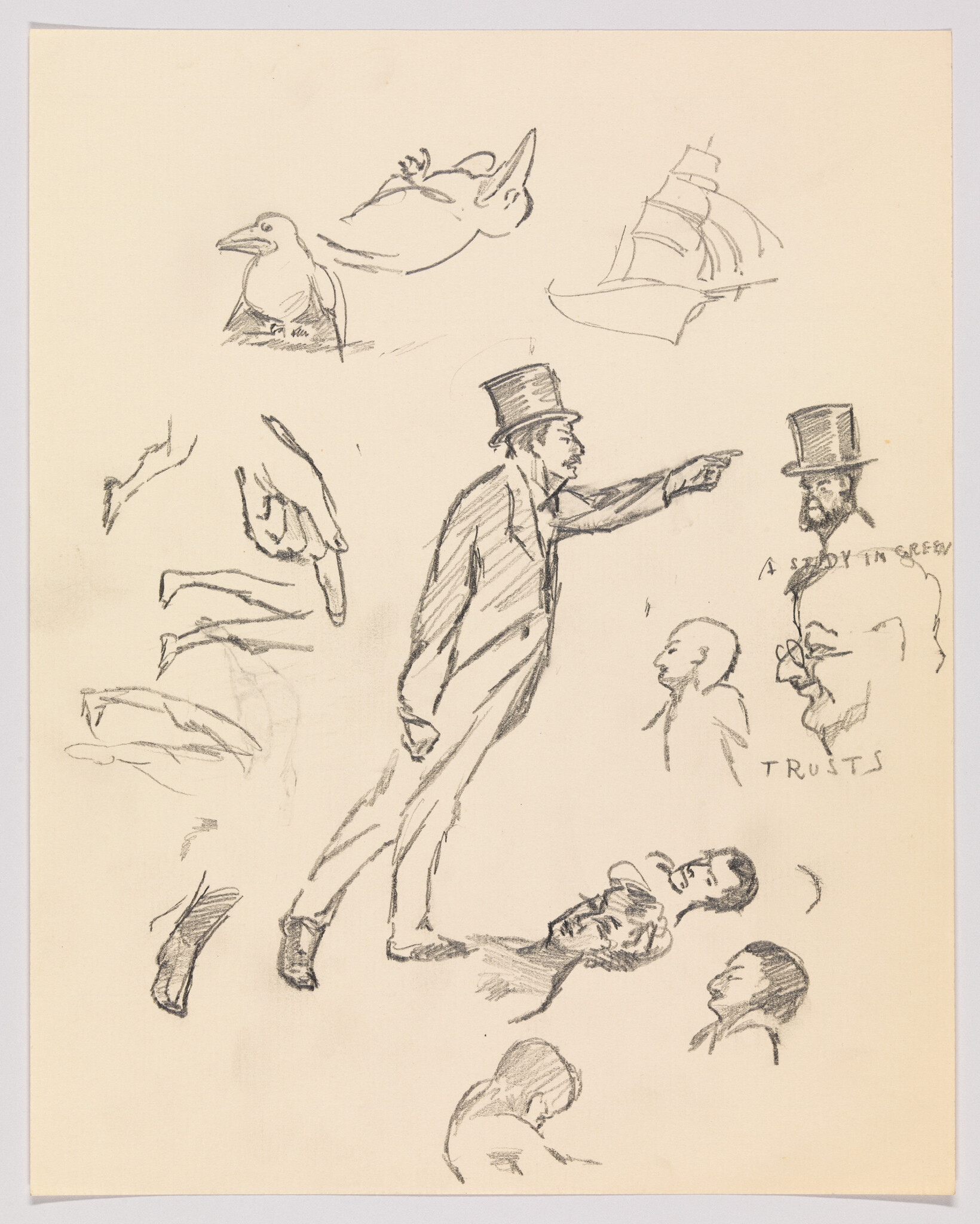 Man in a top hat leans forward and points while other faces and the word "TRUSTS" appear.