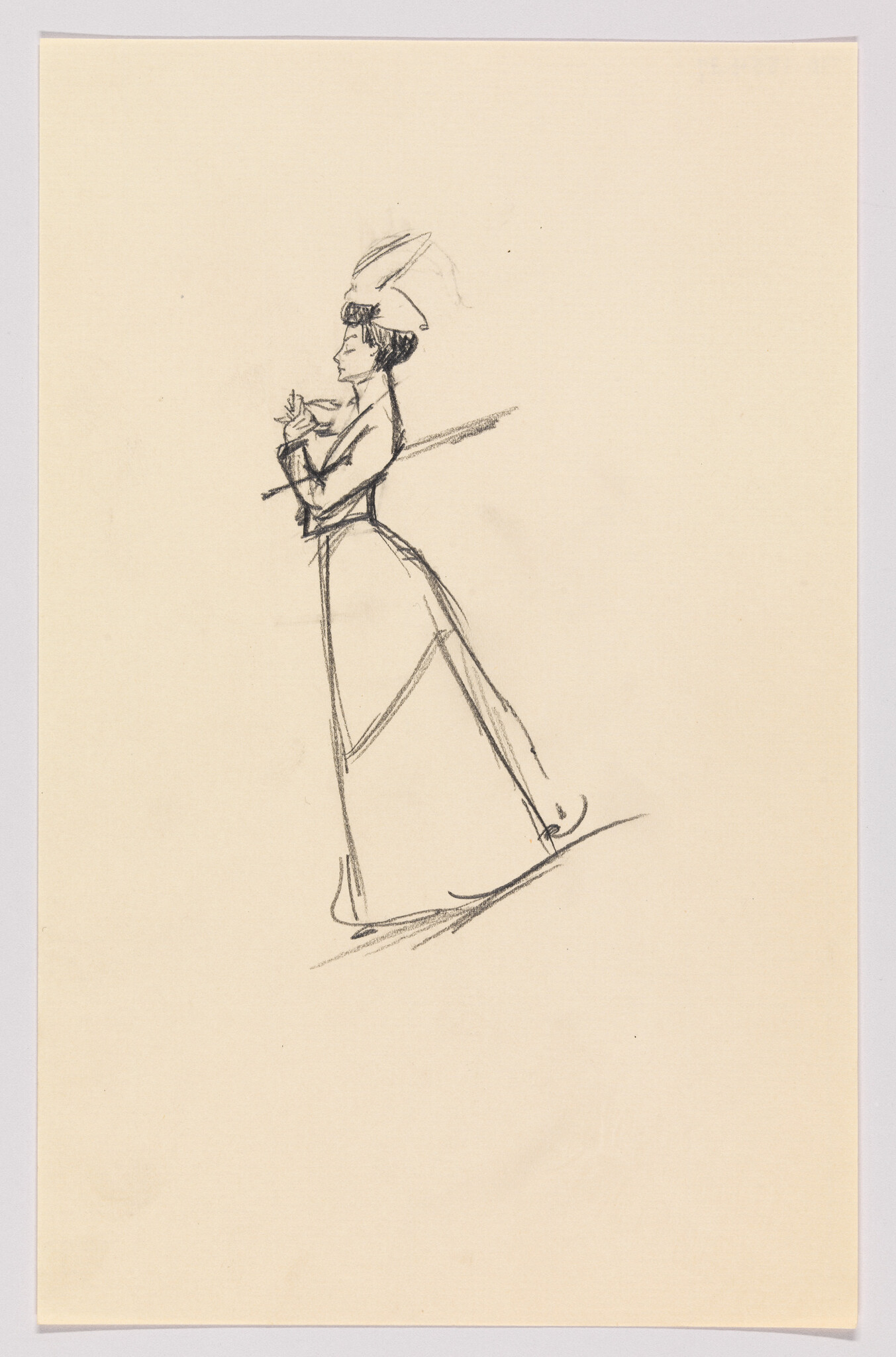 A pencil sketch of a woman in a long dress and hat walking while holding a small cup.
