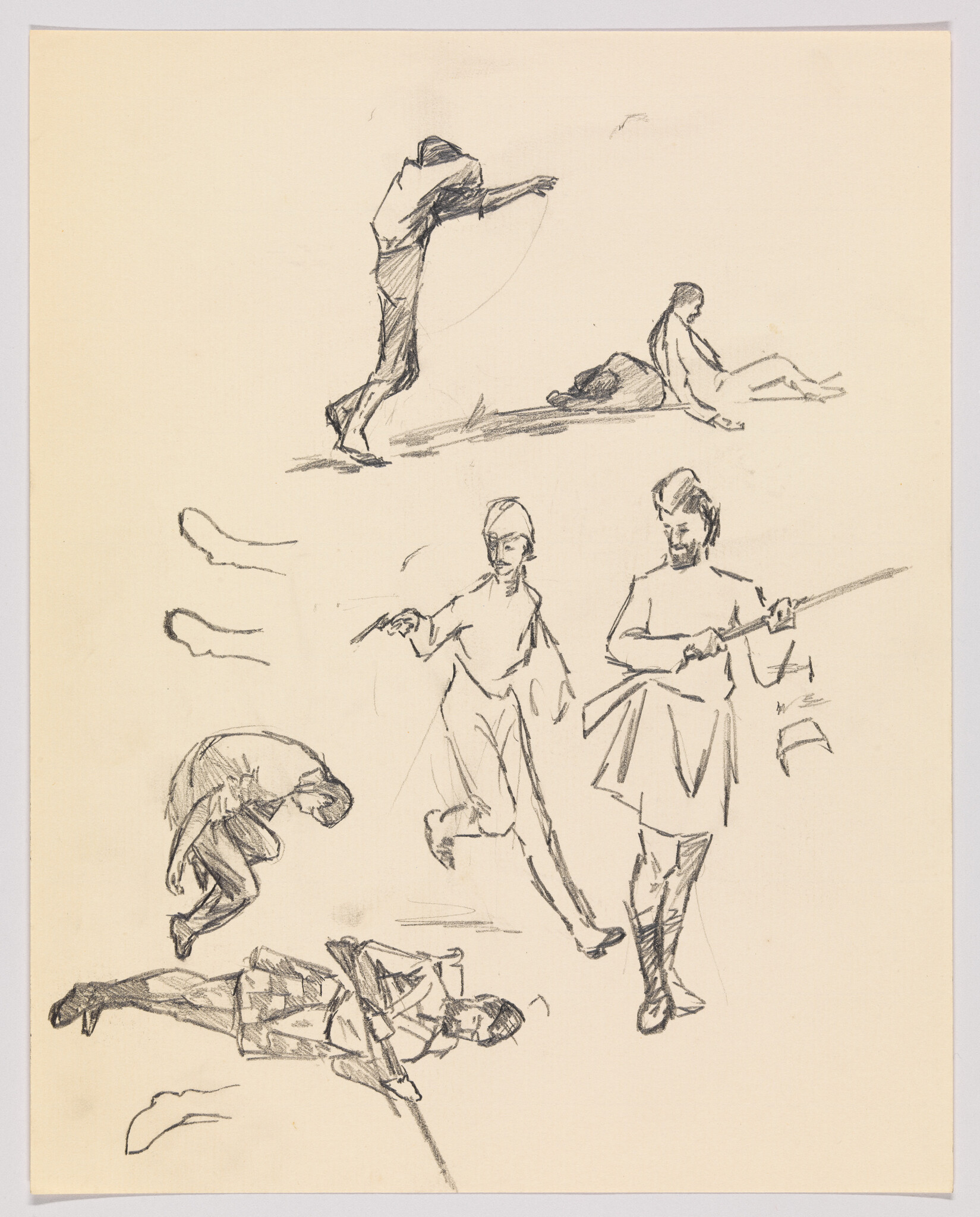 Multiple pencil sketches show men in varied poses, including standing, lying, and holding rifles.