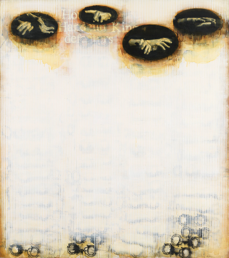 Three pairs of painted hands appear in dark ovals at the top of aged blank paper with ring stains.