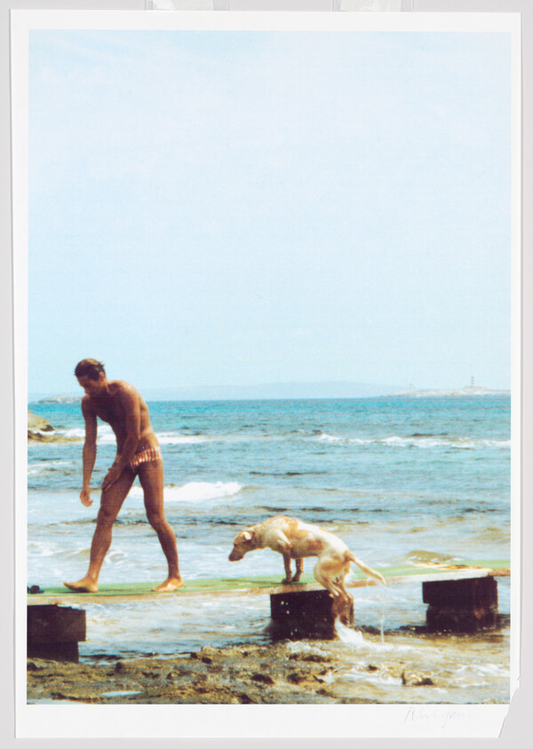 A man walks along a narrow pier while a dog jumps off into the sea.