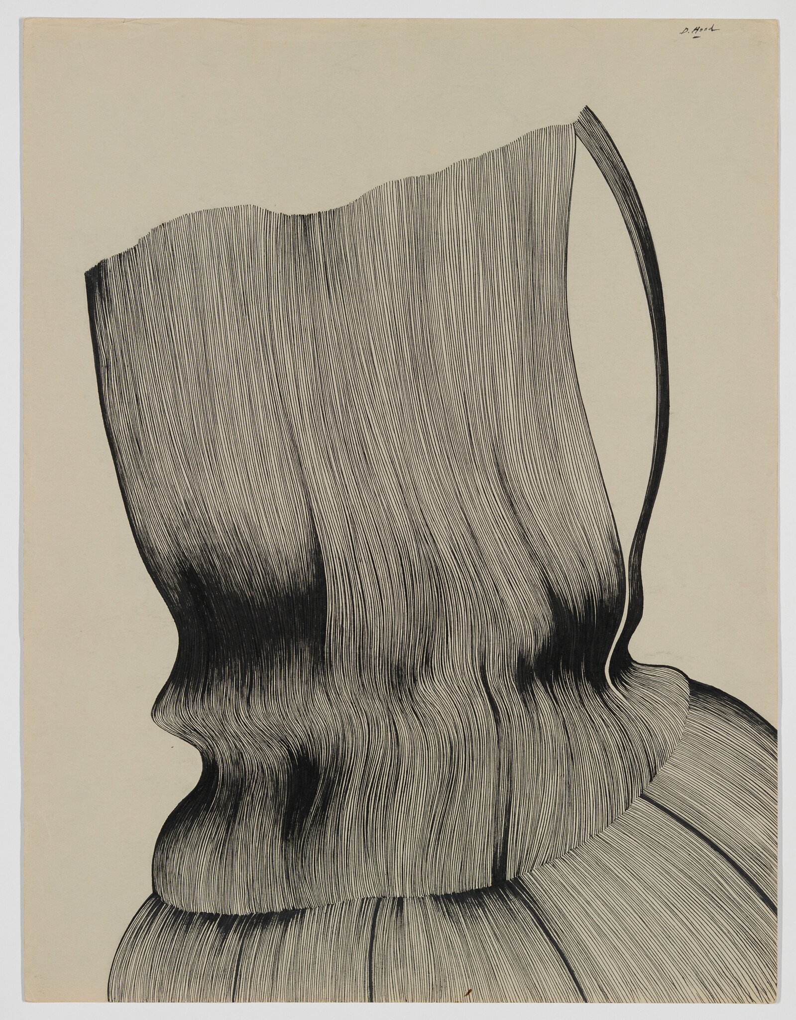 Abstract black ink drawing of flowing vertical lines forming a hooded, layered shape.