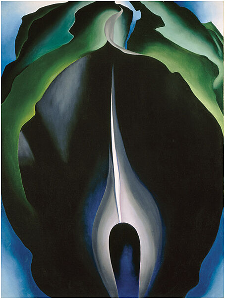 A painting of the folds of a flower in green, black, white, and blues.