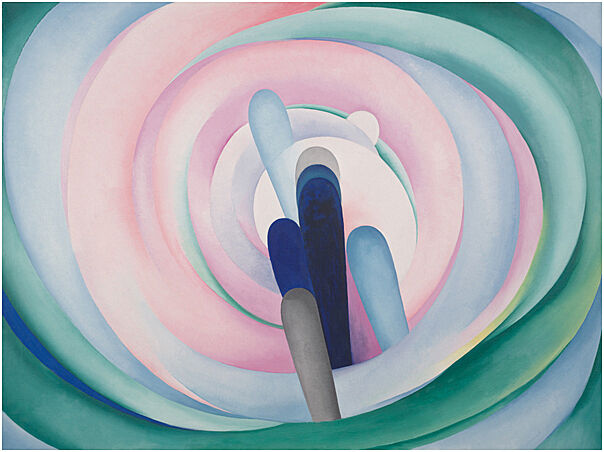 Swirling pink, green, and blue colors surrounding a group of oval shapes in the center.