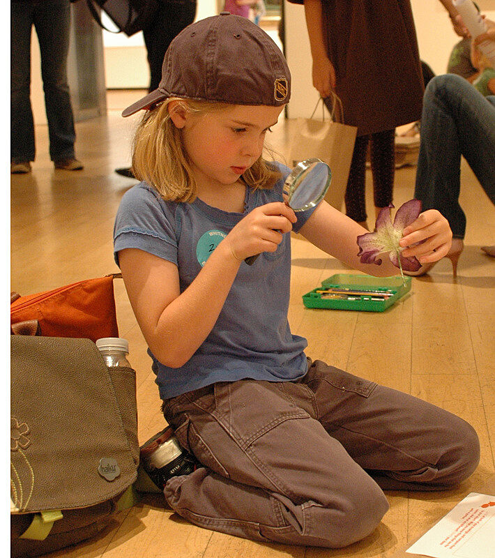 A child looks through a magnifying glass at a flower in a gallery.