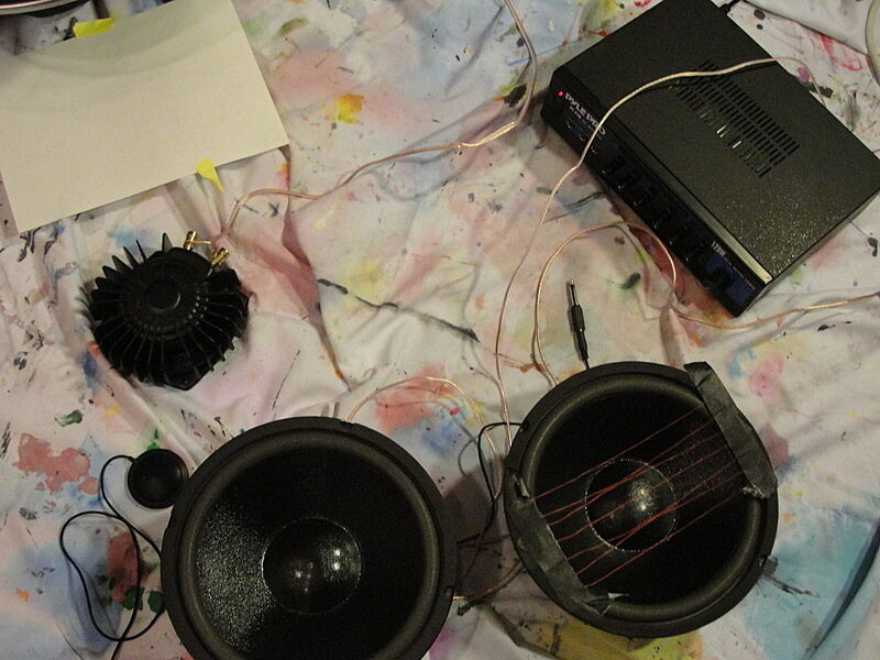 Sound equipment sitting on paint covered fabric.