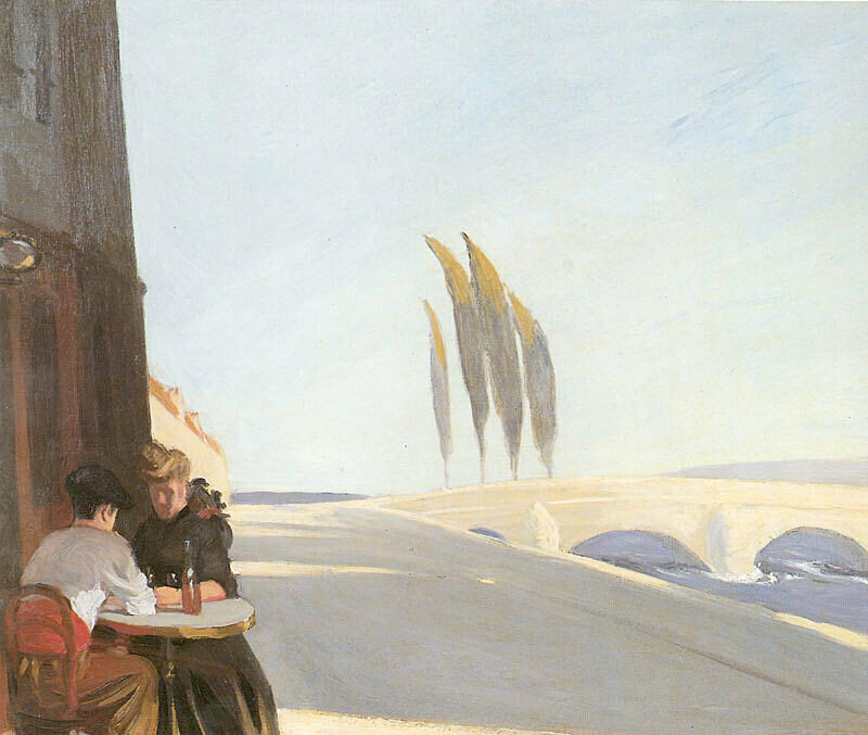 A painting of people sitting outside of a wine shop with a grassy landscape in the backdrop.